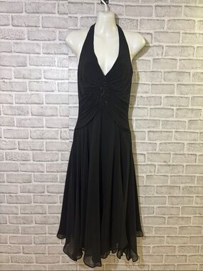 Lori Ann Montreal Elegant Black Halter Midi Dress with Beaded Gather- size 8